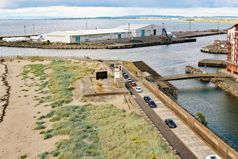 An aerial view of The River Ayr Walk marker, Ayr harbour, South Ayrshire