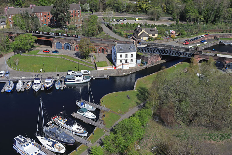 An aerial view of Bowling Basin, Forth & Clyde Canal, West Dunbartonshire