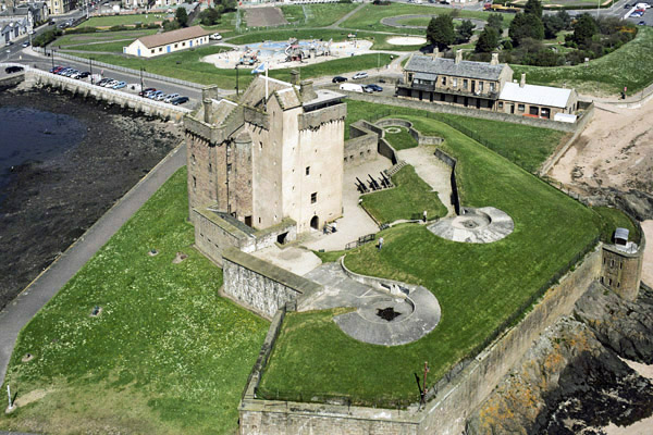 An aerial view of Broughty Castle, Broughty Ferry, east of Dundee, Angus
