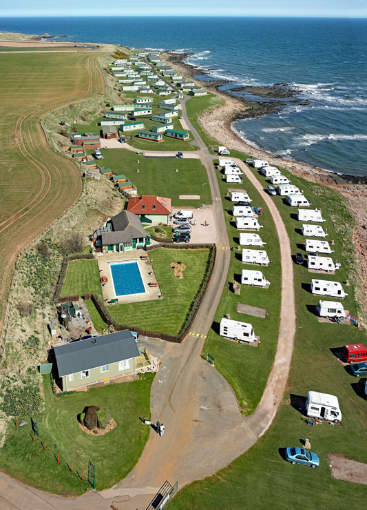 An aerial view of Sauchope Caravan Site in Crail in the East Neuk of Fife