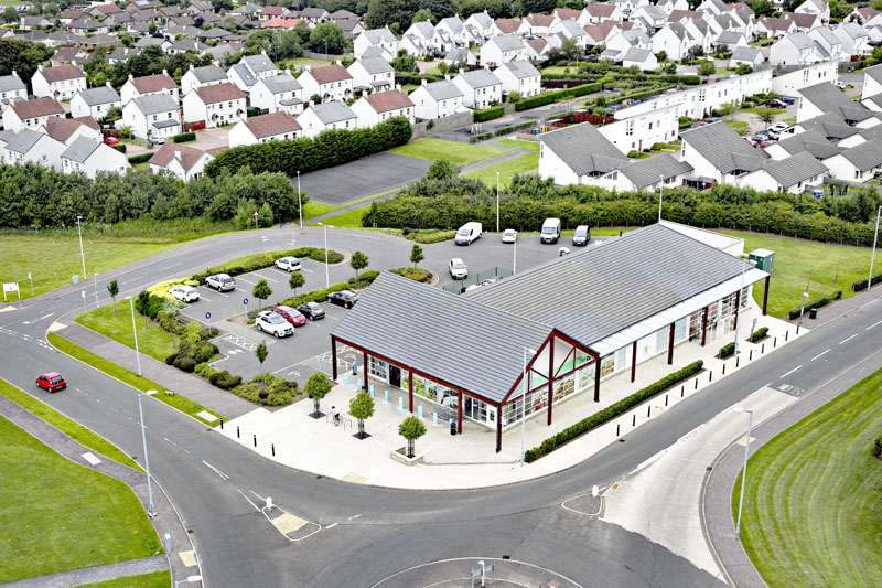 An aerial view of The Co-op Food Store, Doonfoot, Ayr, South Ayrshire
