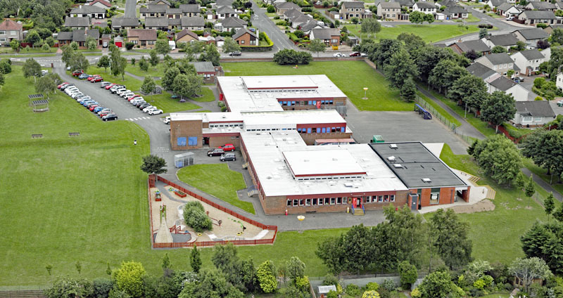 An aerial view of Doonfoot Primary School, Doonfoot, South Ayrshire