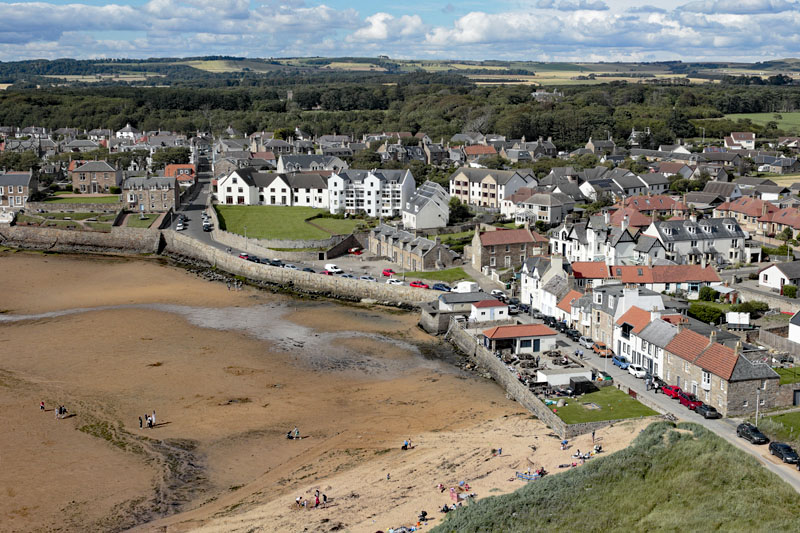 An aerial view of Elie harbour and seafront, Fife