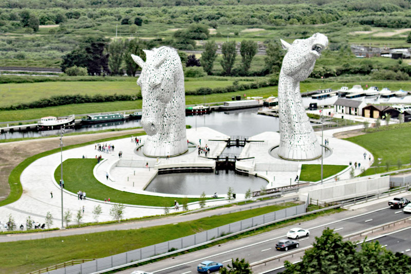An aerial view of The Kelpies at The Falkirk Helix, Falkirk District