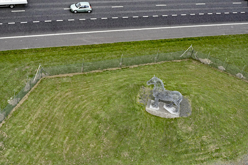 An aerial view of Heavy Horse sculpture, Easterhouse, Glasgow