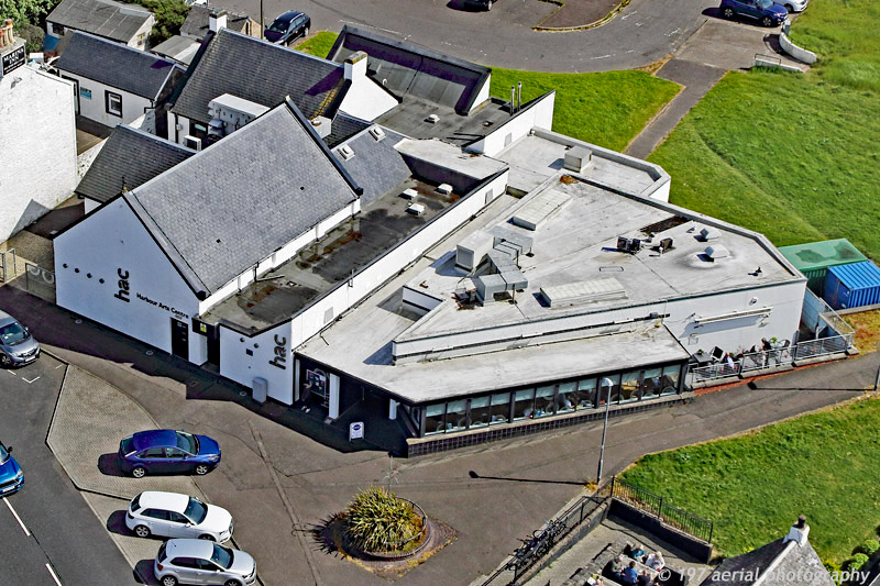 An aerial view of Irvine Harbour Arts Centre and Harbourside, Irvine, North Ayrshire