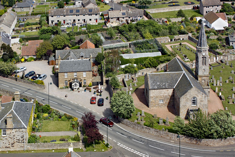 An aerial view of Kingsbarns Village and Church, East Neuk of Fife