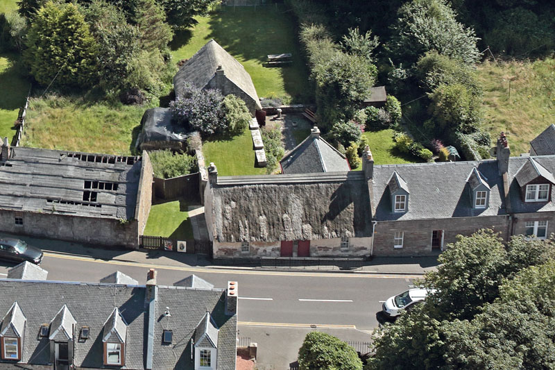 An aerial view of Souter Johnnie's Cottage, Kirkoswald, South Ayrshire