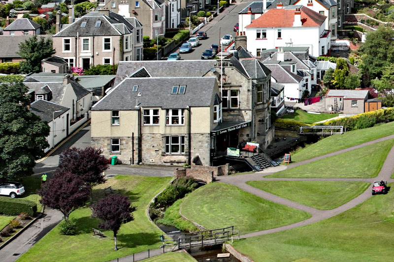 An aerial view of Leven Golf Clubs and Leven Bowling Club, Fife