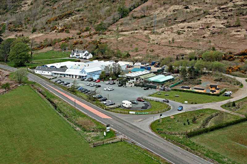 An aerial view of Loch Fyne Oyster Bar, Cairndow, Argyll & Bute
