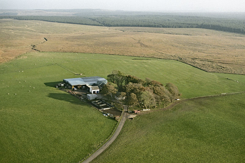 An aerial view of Lochgoin Covenanter Monument and Farm, Fenwick Moor, East Ayrshire
