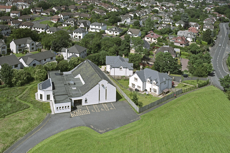 An aerial view of Mearnskirk Church, Newton Mearns, East Renfrewshire