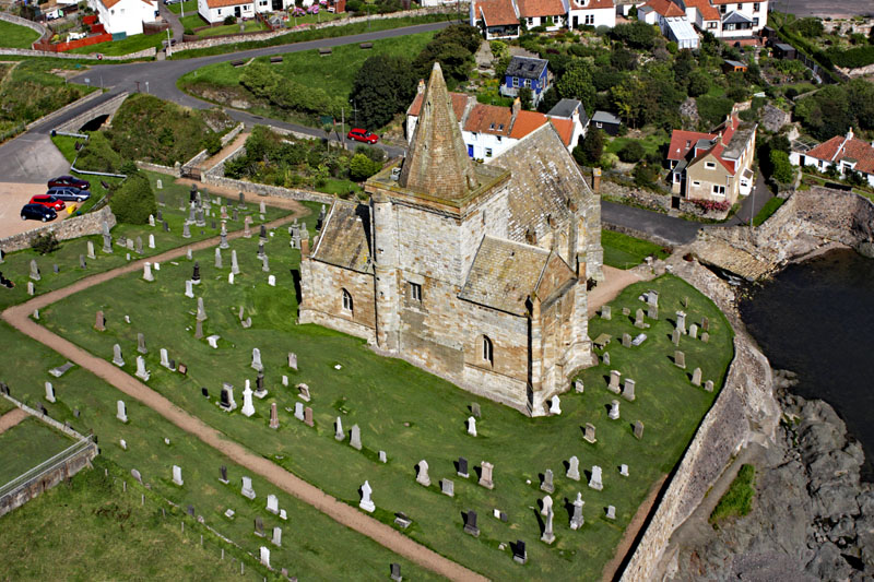 An aerial view of St Monans Church in the East Neuk of Fife