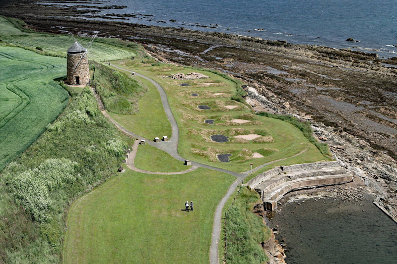 An aerial view of St Monans Windmill in the East Neuk of Fife