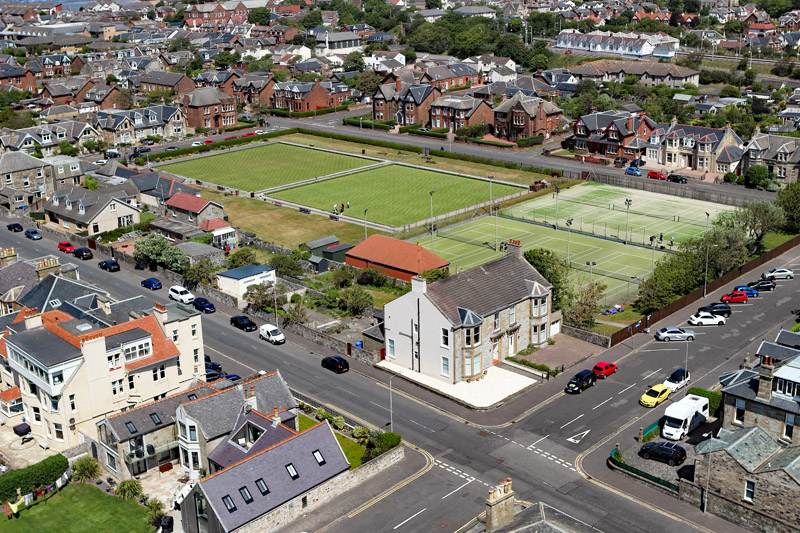 An aerial view of Troon Tennis and Bowling Club, South Ayrshire