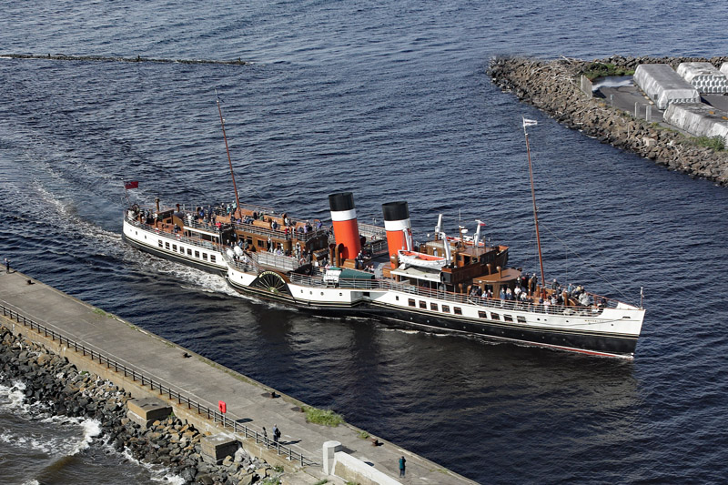 An aerial view of the Paddle Steamer Waverley Arriving and Berthing at Ayr Harbour, South Ayrshire