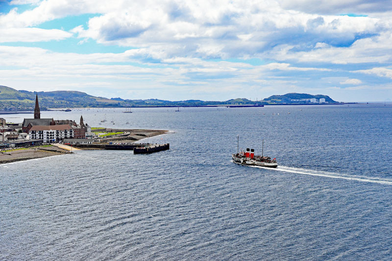 An aerial view of the Paddle Steamer Waverley Arriving at Largs, North Ayrshire