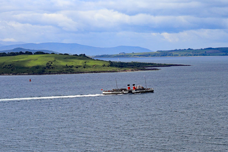 An aerial view of the Paddle Steamer Waverley Leaving Largs, North Ayrshire